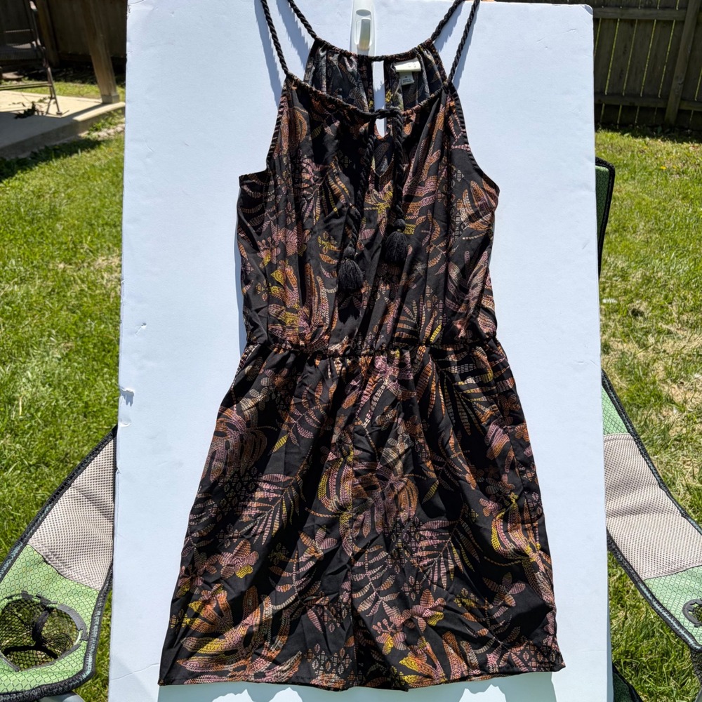 A New Day Womens Tropical Leaf Print Halter Romper Black Pink Orange Small